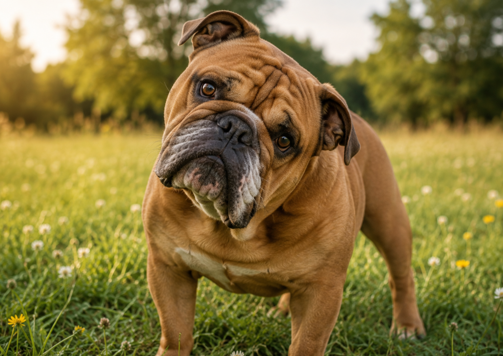 Französische Bulldogge auf einer Wiese mit schief gelegtem Kopf – Blogbeitrag über Verdauungsprobleme bei kurznasigen Hunden